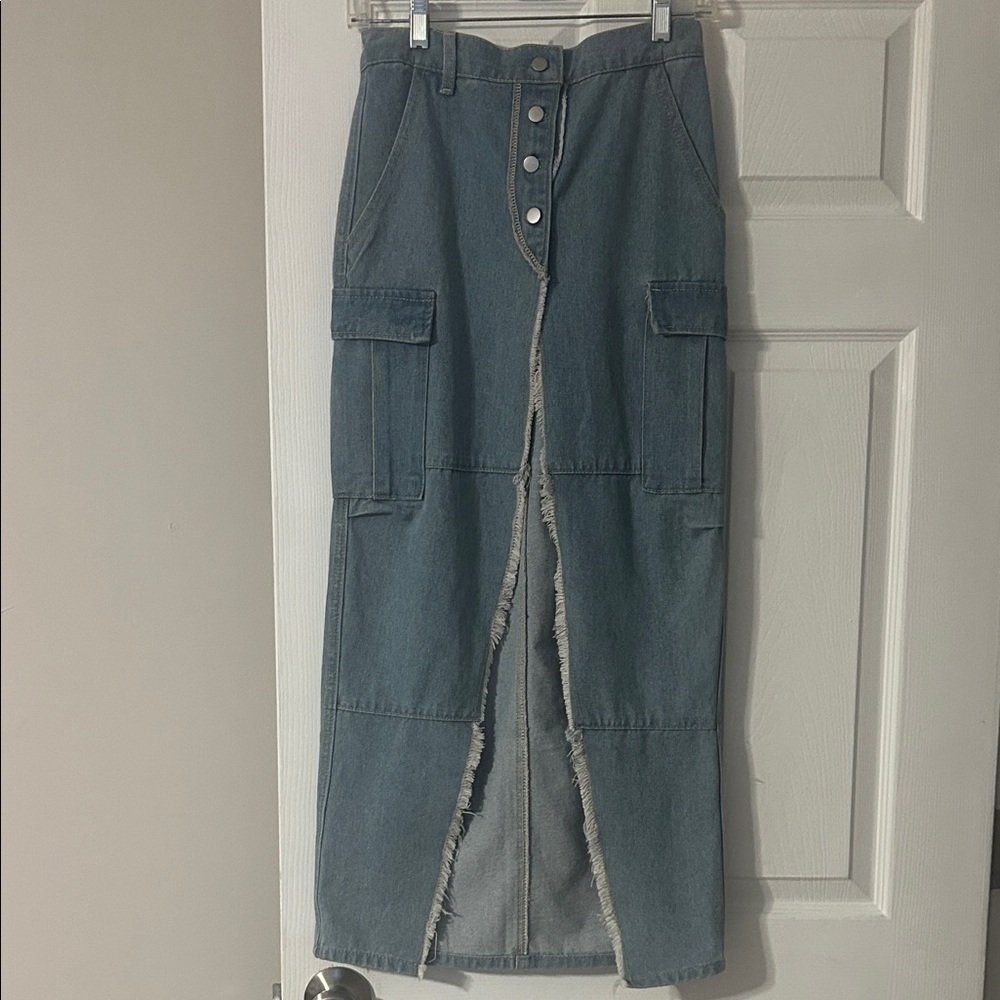 Denim Maxi Skirt with Frayed Hem